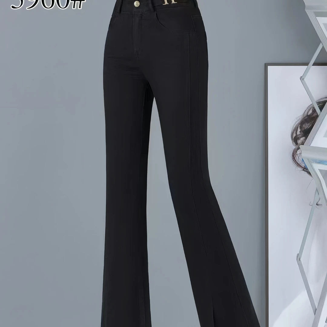 （约101）百搭气质休闲高腰显瘦垂感黑色休闲喇叭裤3960开叉上班