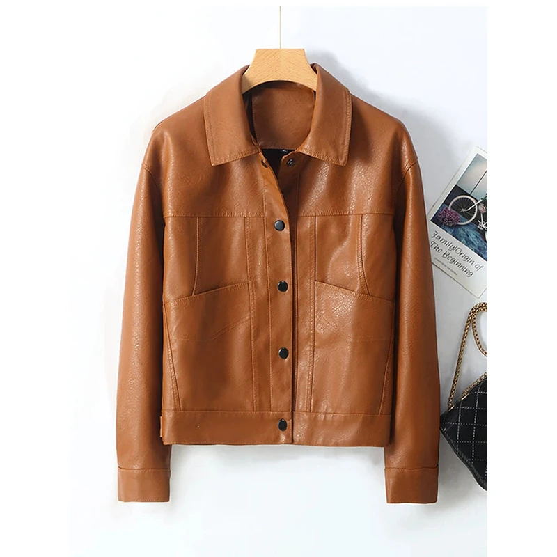 2025春季新款女士机车皮衣夹克女式皮衣翻领纽扣宽松皮外套