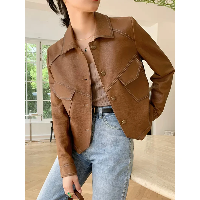 2025春季新款撞色明线夹克短款皮衣美拉德短外套女