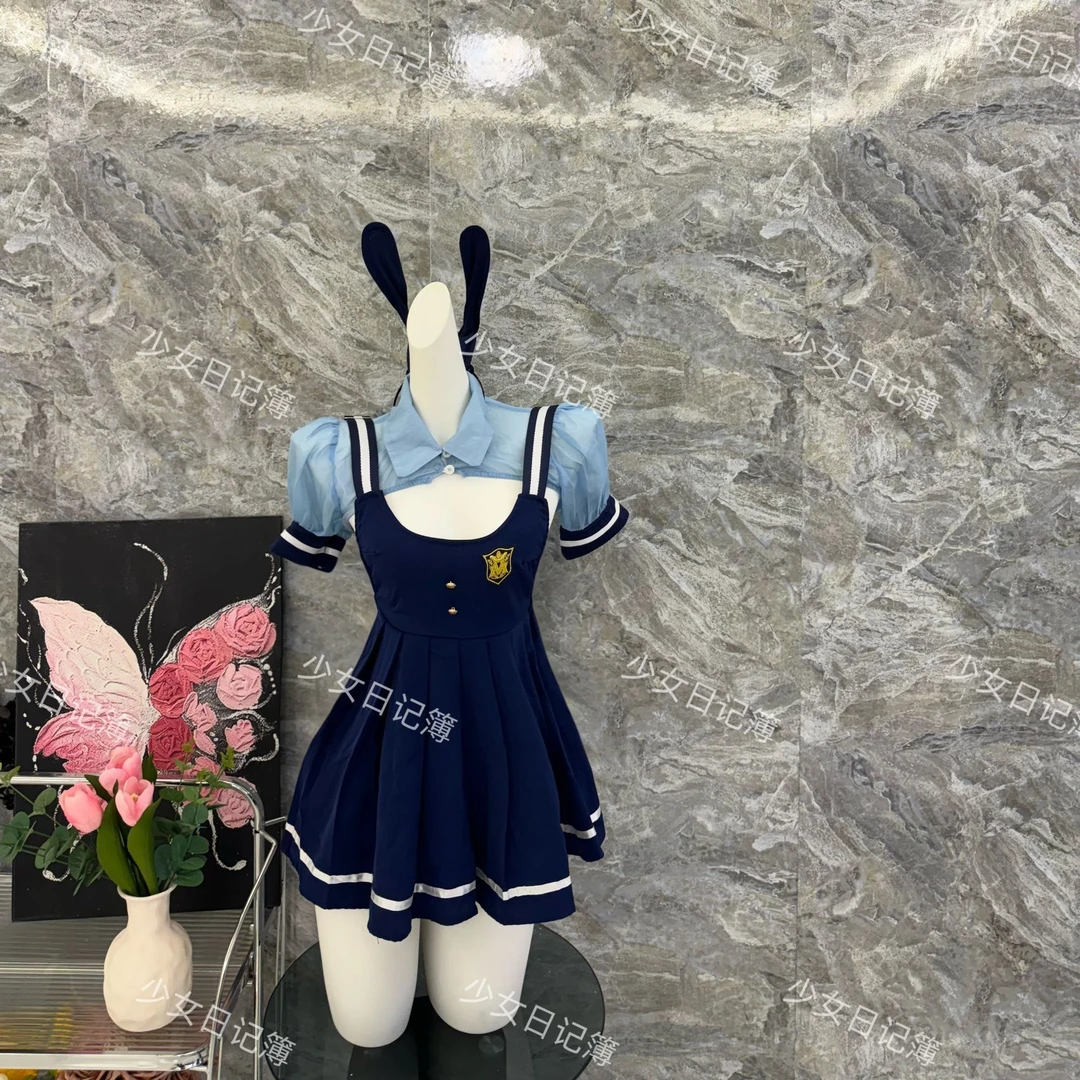 【兔兔欧尼酱】蓝色撞色可爱甜美泡泡袖拼接两件套裙