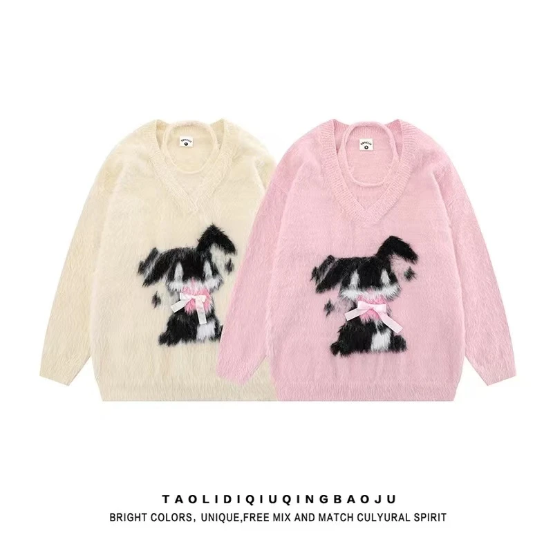 日系甜美小猫软糯仿貂毛圆领针织衫女秋冬宽松慵懒风假两件毛衣
