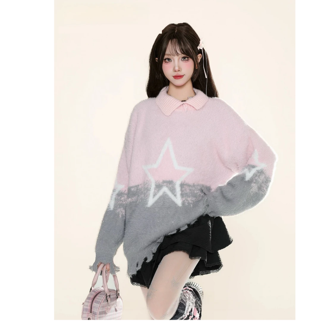 Polo领星星流苏马海毛针织衫毛衣女秋季水貂绒慵懒风减龄撞色上衣