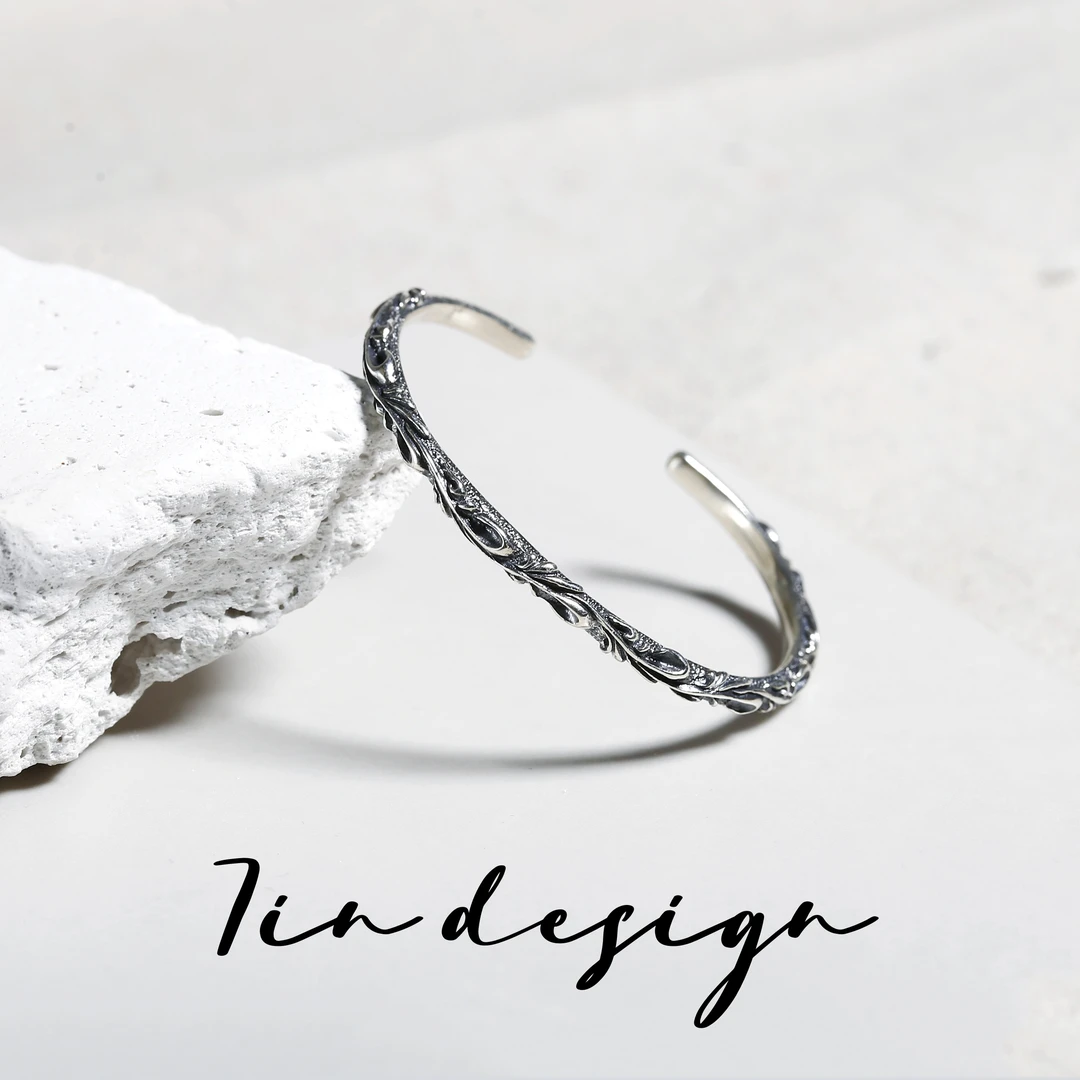 925银手镯 7in复古店【卷草纹】原创设计复古手作ins开口手镯手工