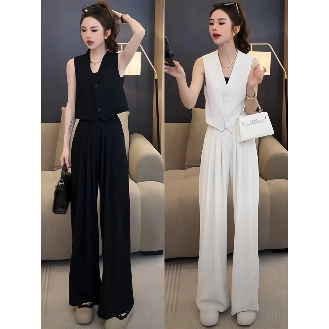 小个子韩版时尚干练显瘦西装套装女士2025夏季无袖短款背心两件套