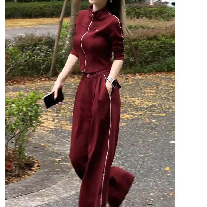 网红时尚气质休闲运动套装女2025秋新款洋气立领拉链上衣阔腿裤潮