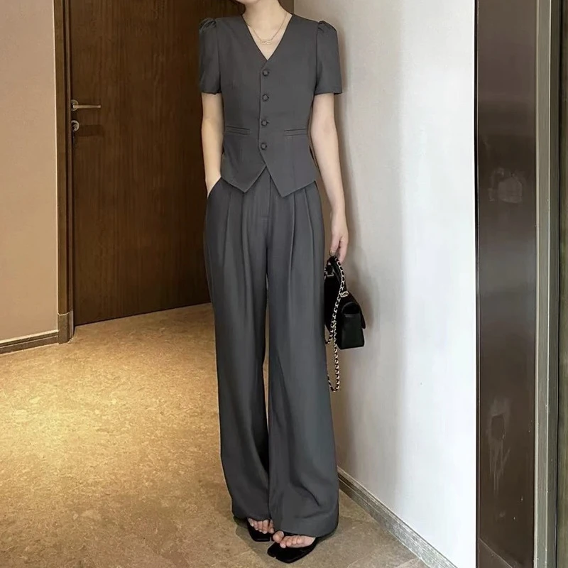 小香风气质职业套装2025新款百搭显瘦短袖上衣休闲阔腿裤两件套