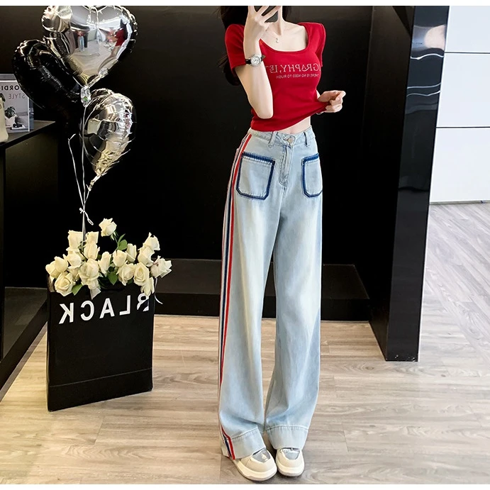 多巴胺2025新款爆款洋气辣妹显瘦短袖短款上衣高腰时尚条纹牛仔裤