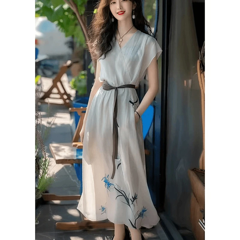 小飞袖修身v领渐变设计感长裙新中式国风大方得体的连衣裙女夏季