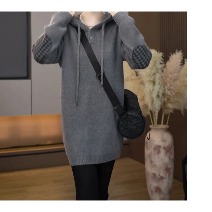 时尚休闲连帽针织衫毛衣女装2025秋冬新款中长款慵懒宽松显瘦上衣