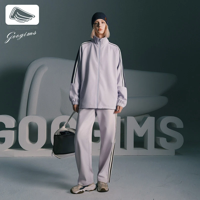 韩国Googims运动套装男士春秋潮牌条纹开衫立领卫衣休闲跑步男装