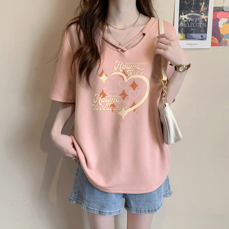 V领短袖T恤女夏季2024爆款宽松胖mm显瘦洋气大码遮肚设计感上衣服