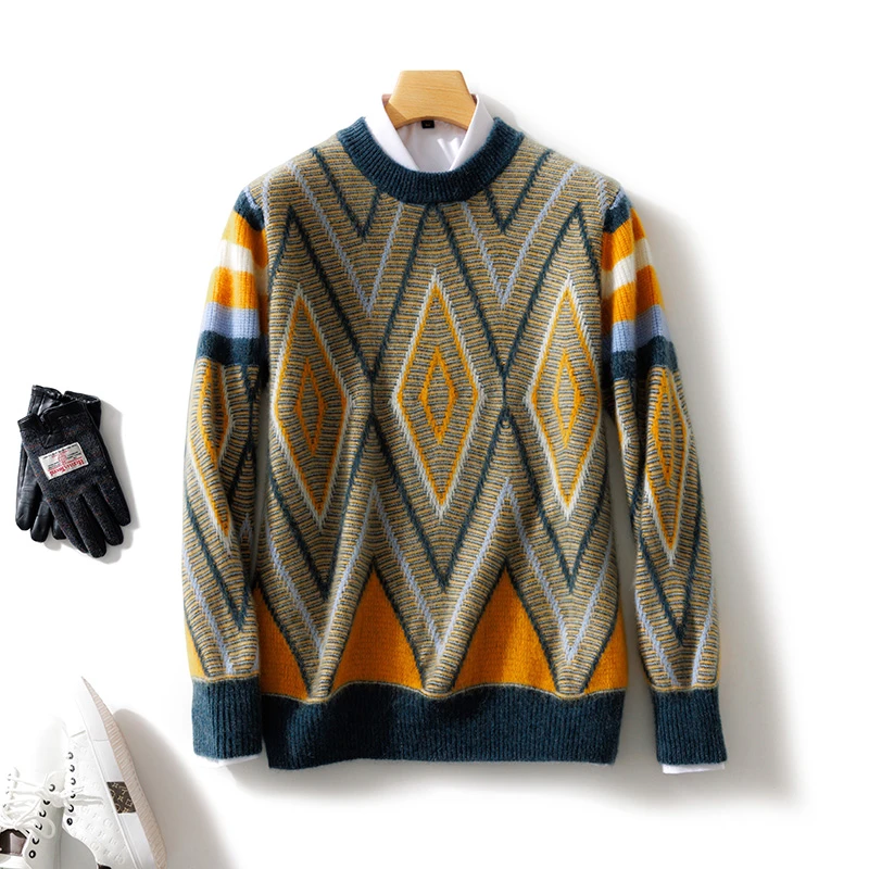 【秋冬新款100%羊毛】男士圆领拼色秋冬商务针织加厚毛衣AC107