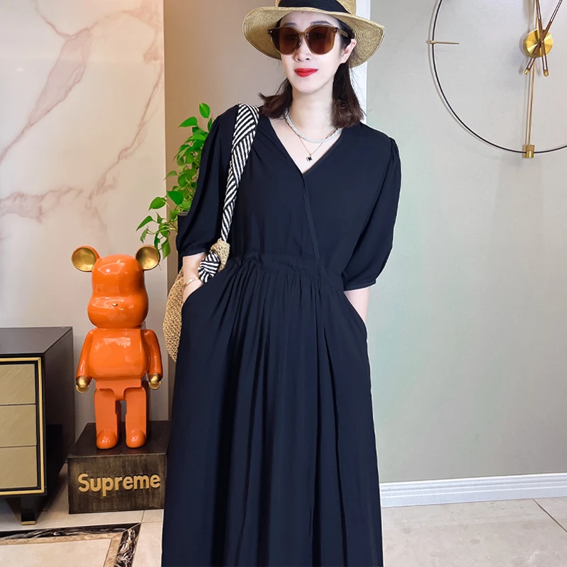 【黑天鹅】法式棉绸连衣裙显瘦气质中长裙子时尚夏季纯黑色长款