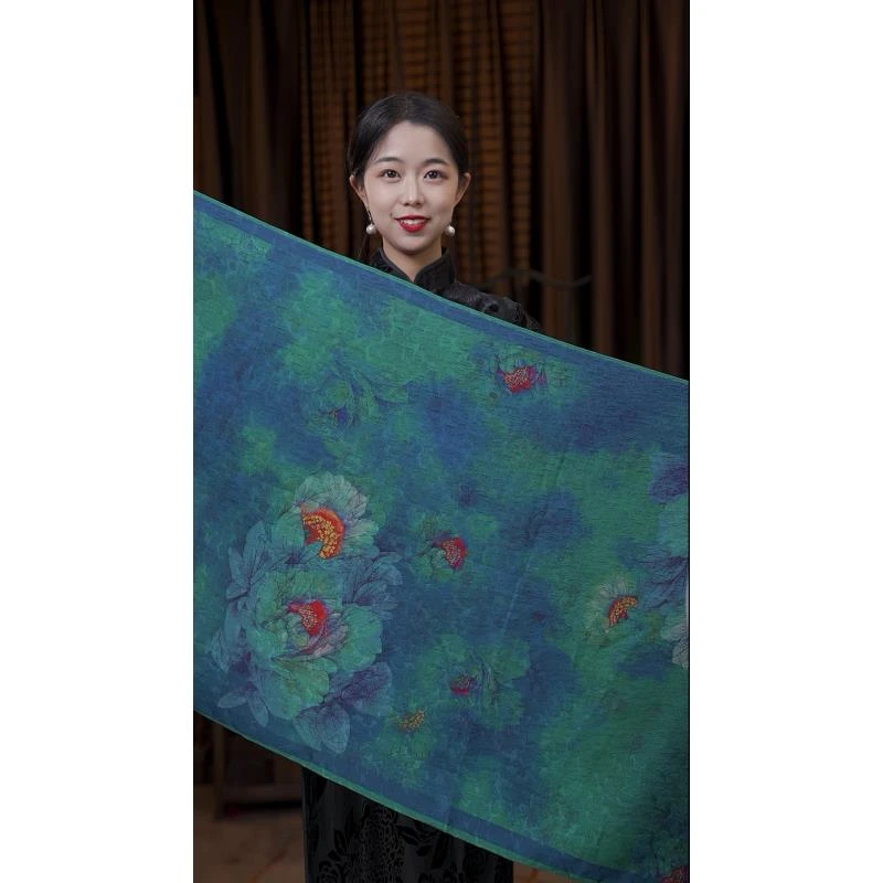 新款（花香鸟语180*70）冠乐皱香云纱围巾披肩长巾真丝丝巾春秋冬季
