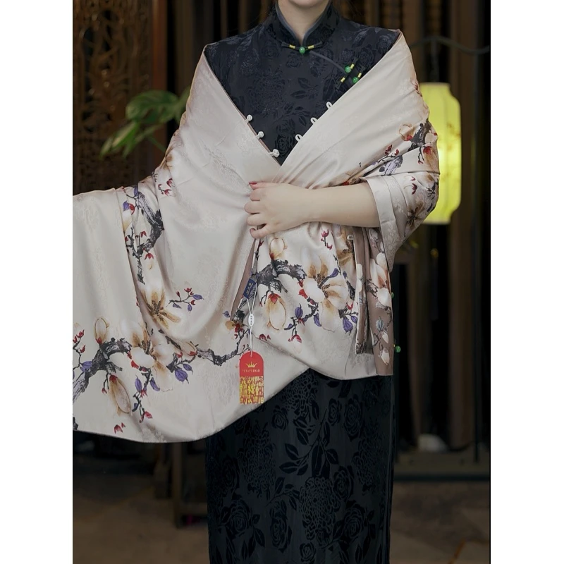 新款（如花似玉180*70）双面双层盘扣香云纱花萝披肩围巾真丝丝巾女