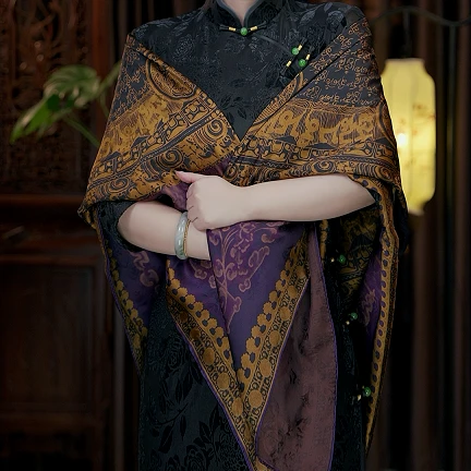 新款(紫金唐卡140*140) 香云纱重磅老料围巾披肩女士方巾真丝丝巾