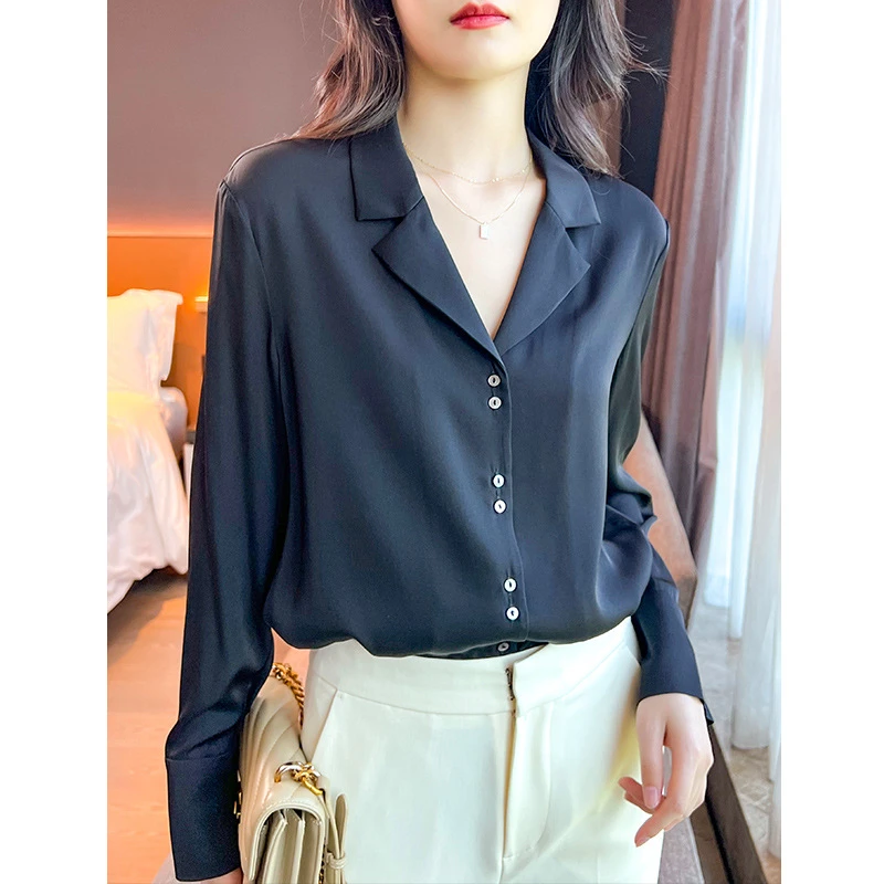 左左家 黑色通勤西装领重磅真丝衬衫长袖宽松气质显瘦桑蚕丝衬衣