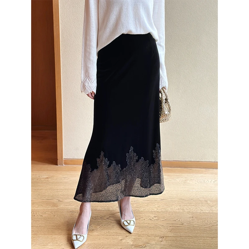 左左家 优雅婀娜~闪耀亮片拼接丝绒半身裙女黑色松紧腰显瘦鱼尾裙