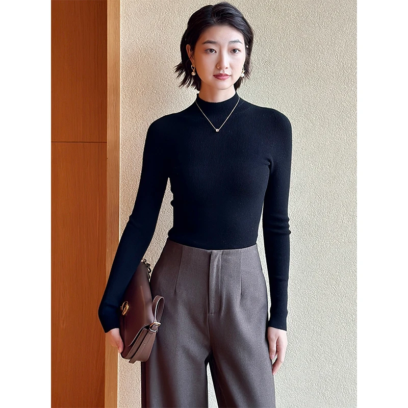 左左家 无缝一体60支半高领精纺羊毛针织衫女气质弹力显瘦打底衫