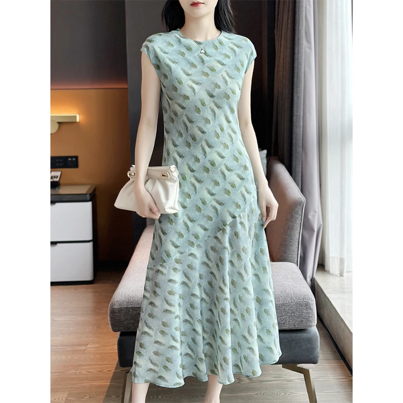 左左家 清爽印花斜裁显瘦双绉真丝连衣裙女短袖圆领气质桑蚕丝裙