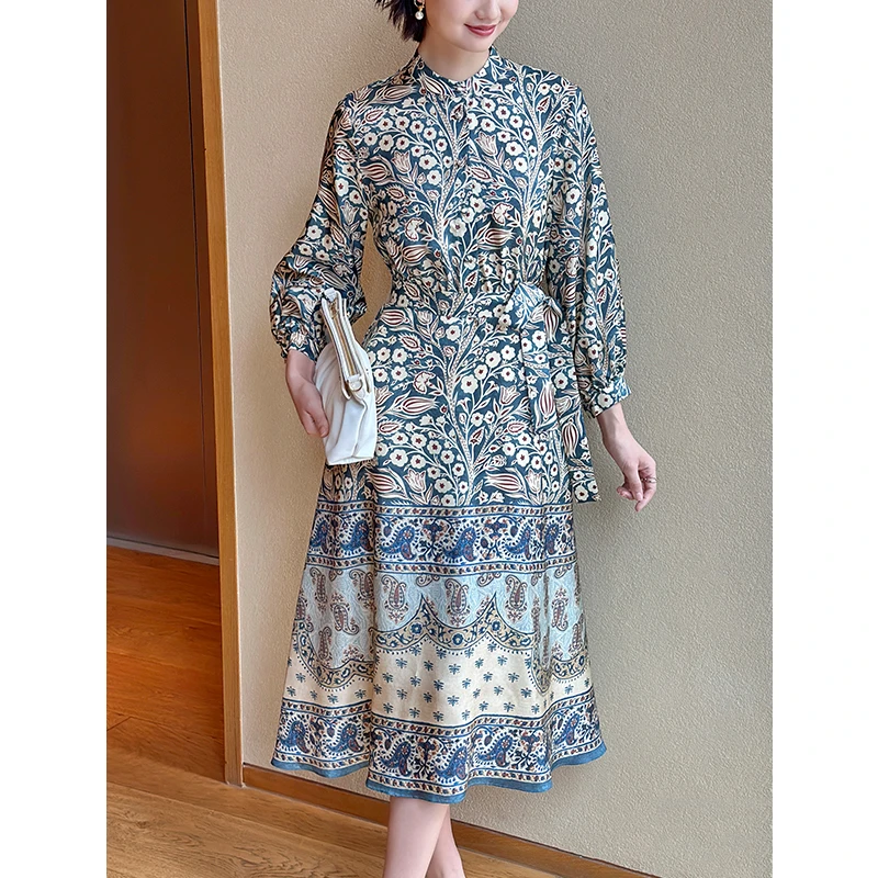 左左家 复古定位印花重磅真丝连衣裙女立领气质桑蚕丝衬衫裙
