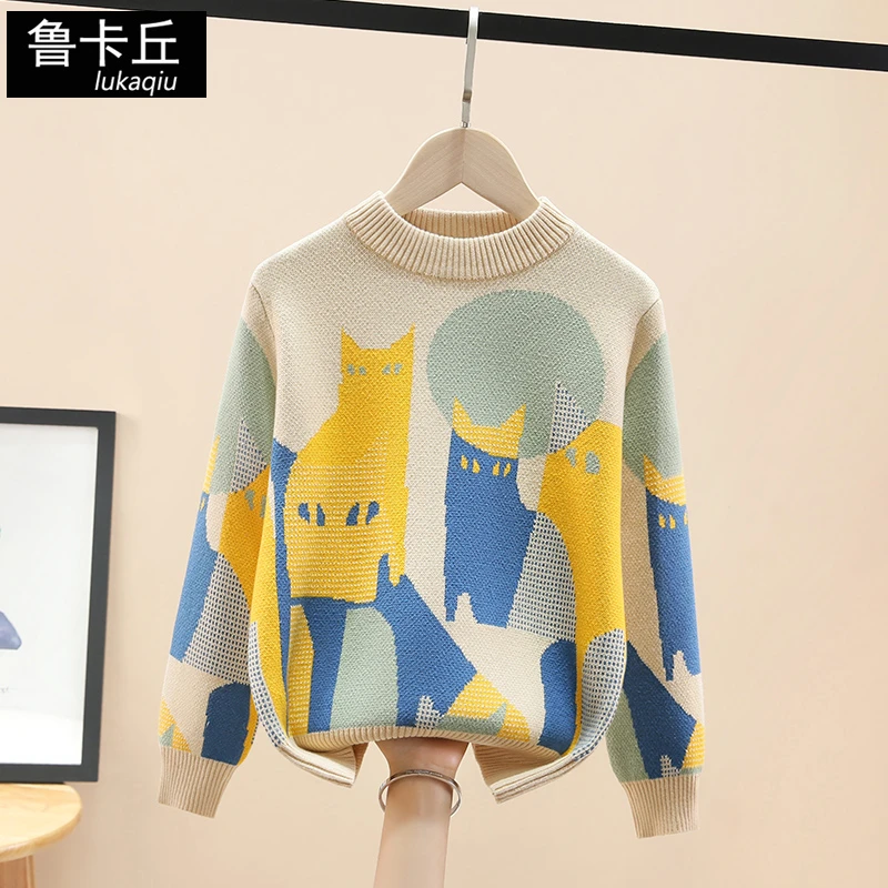 鲁卡丘男童毛衣秋冬新款加绒加厚男孩冬装儿童纯棉保暖套头针织衫