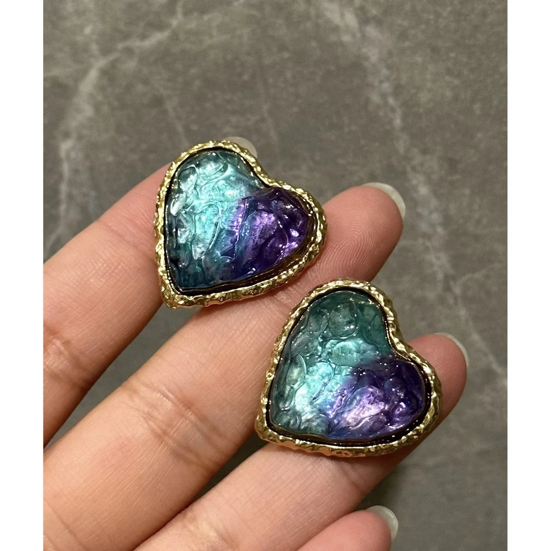 合金耳饰 Vintage蓝紫冰山熔岩果冻爱心中古耳夹绝美款