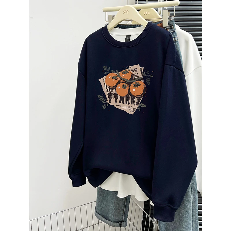 韩版减龄洋气印花圆领加绒卫衣女秋冬新款学院风宽松百搭套头上衣