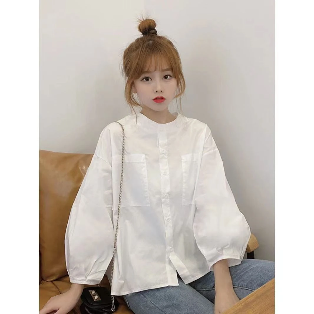 胖丫家—0229秋季新款韩版设计白色小众宽松减龄长袖上衣休闲衬衫