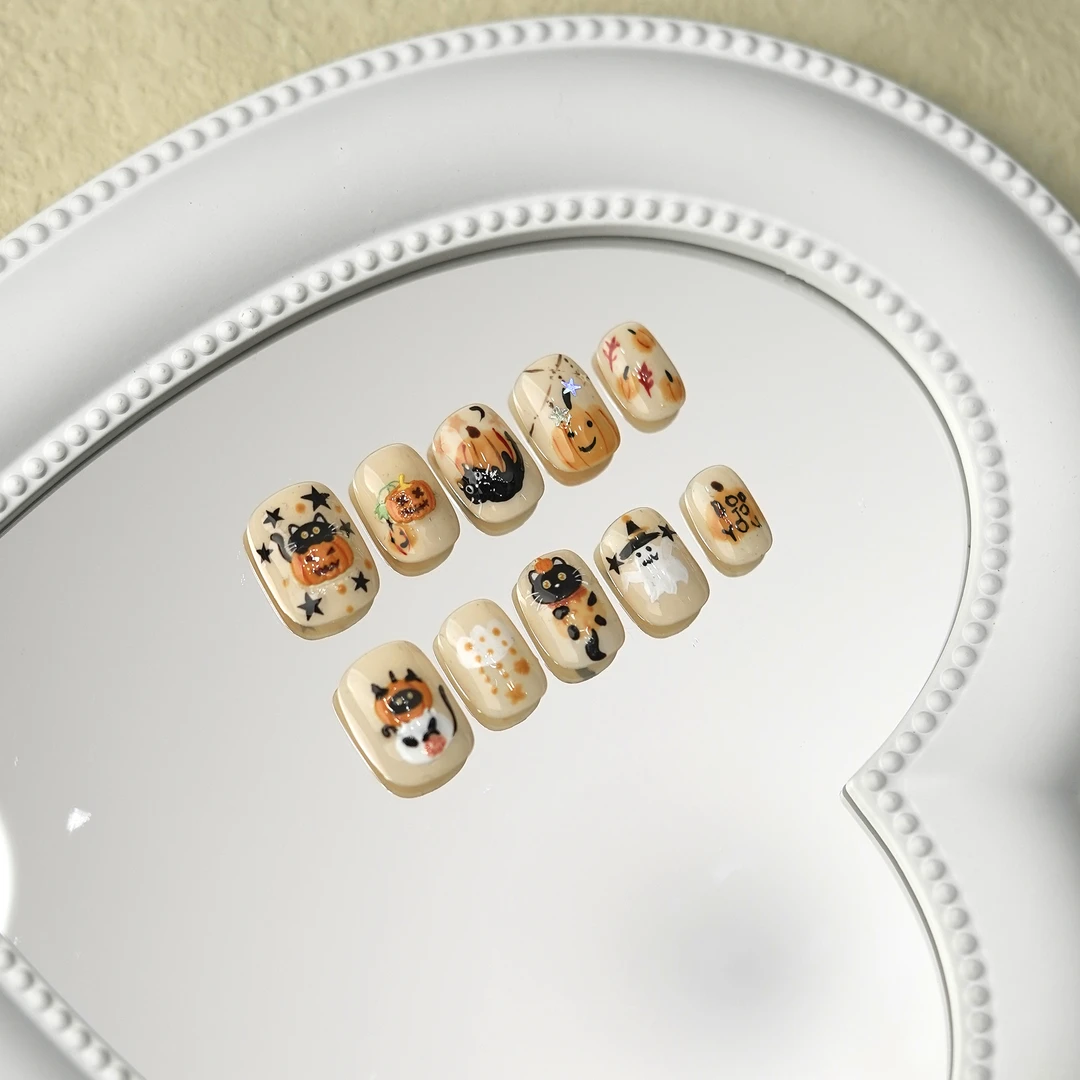 【黑猫南瓜】万圣节美甲秋冬黑猫南瓜短款气质高级感立体纯手绘