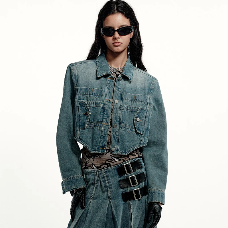 FORDARE福蝶 解构短款牛仔外套时尚复古休闲秋季水洗潮流做旧4918