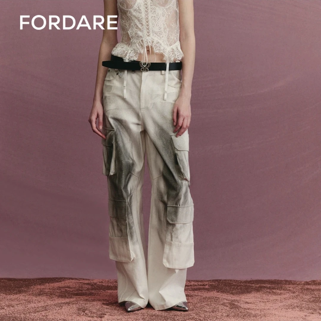 FORDARE福蝶 秋冬新品 白色喷墨工装裤休闲直筒宽松阔腿裤3329