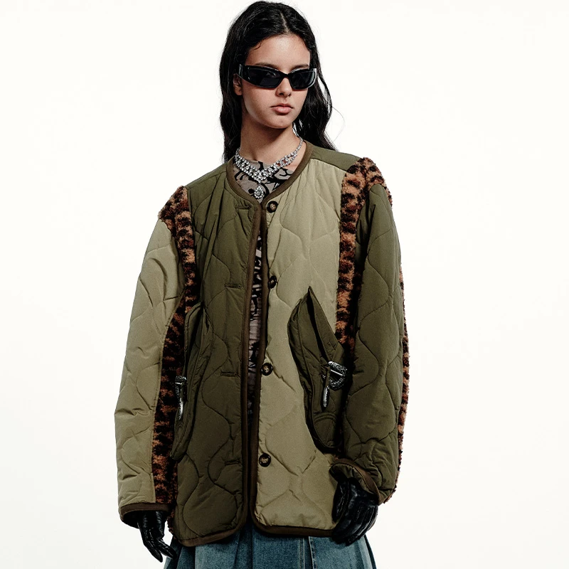 FORDARE/福蝶冬季新款保暖复古军绿拼接豹纹加厚时尚宽松棉衣1911