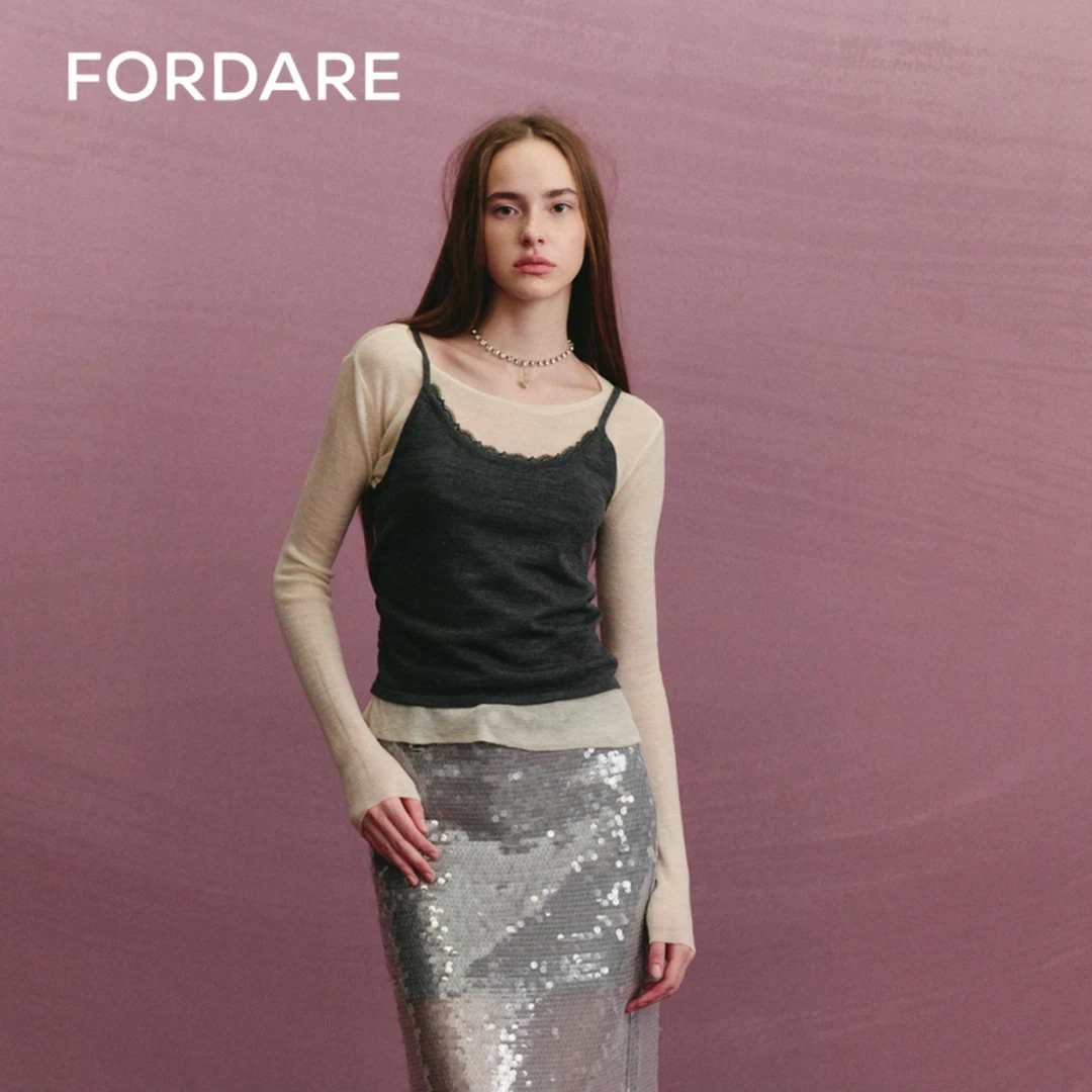 FORDARE福蝶秋季新品短款背心长袖假两件打底修身时尚长袖2250