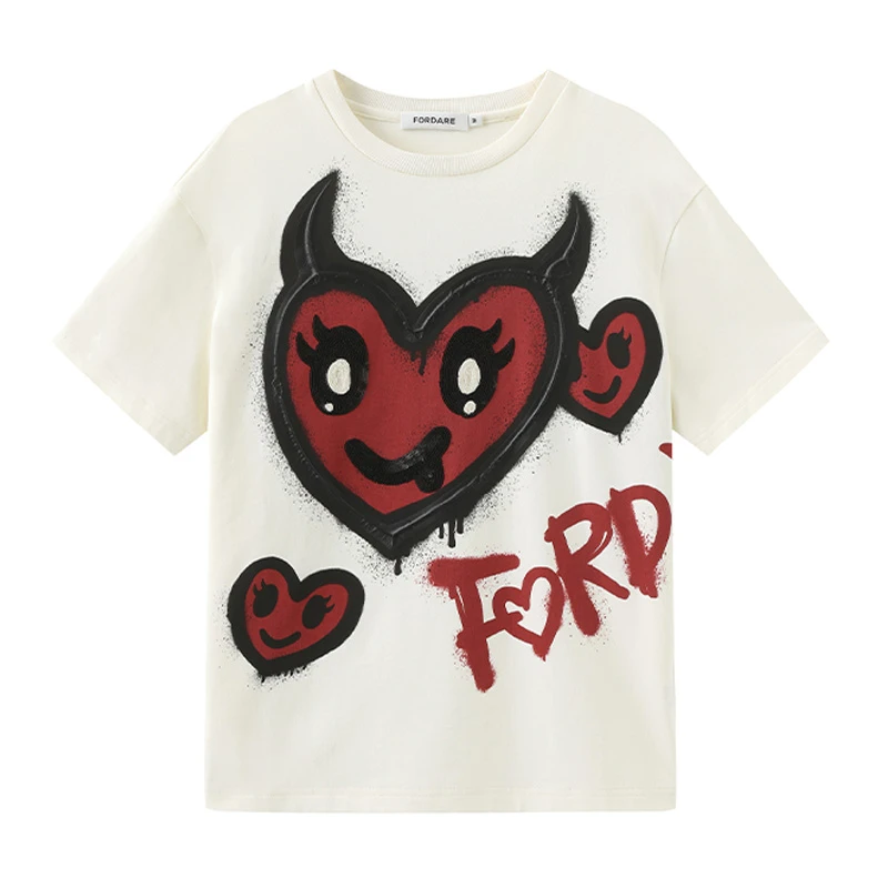 FORDARE福蝶秋冬款涂鸦风恶魔爱心T恤时尚短袖宽松圆领卡通1102