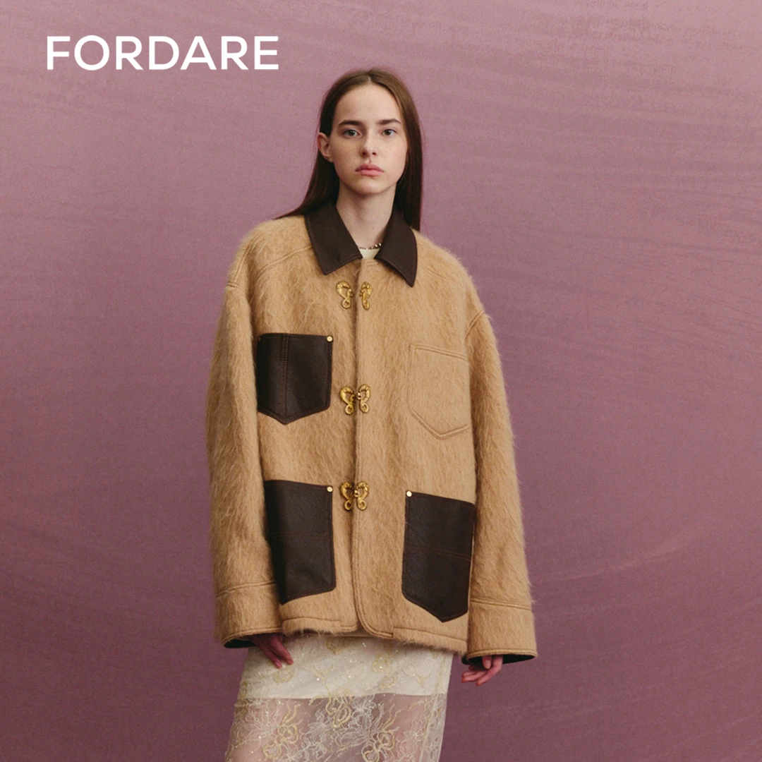 FORDARE福蝶 秋冬新品 工装皮拼接尼外套毛呢宽松皮毛一体2206