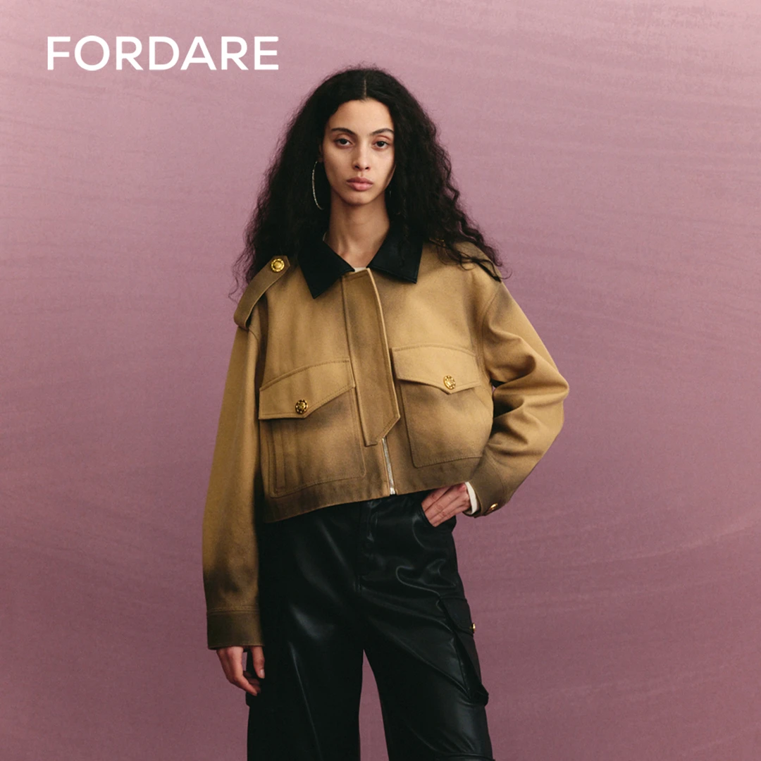 FORDARE福蝶秋季新品 卡其喷色短款夹克百搭复古2224