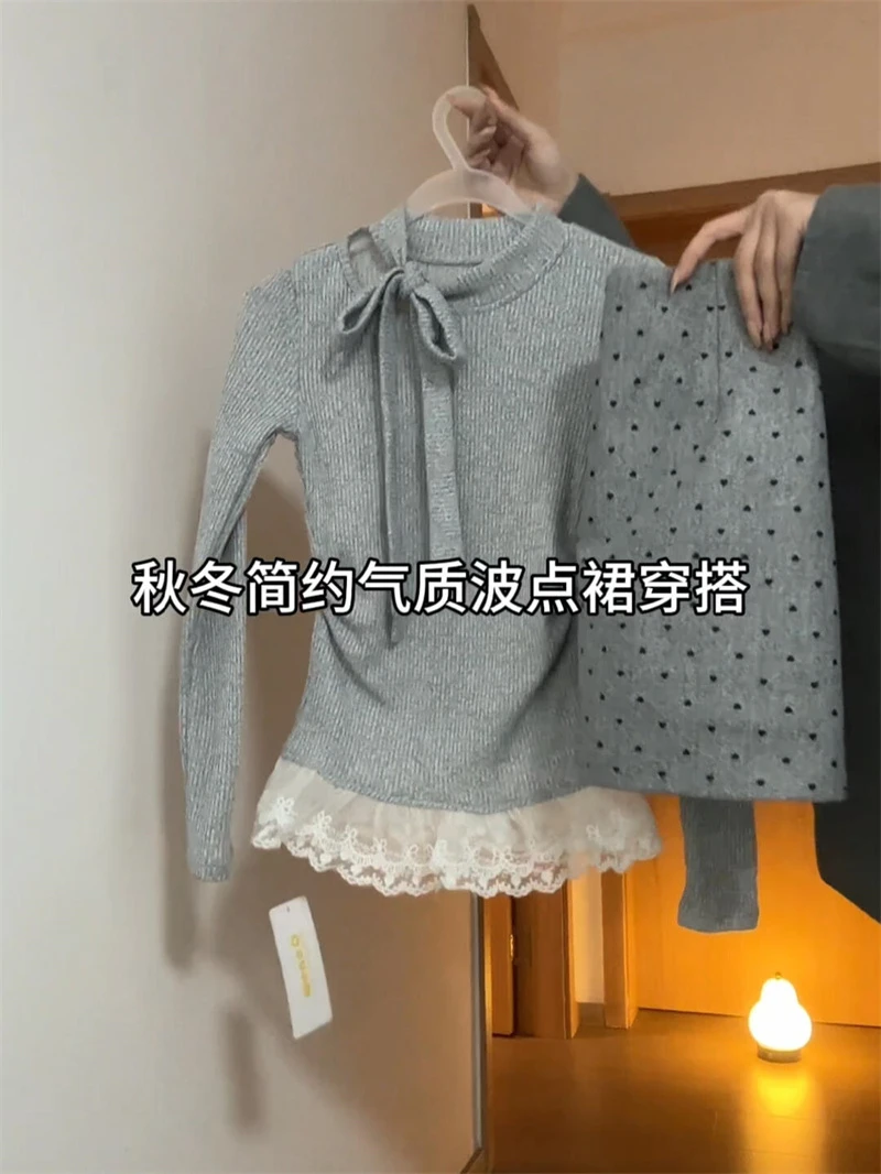 春季新款简约气质穿搭一整套系带设计拼接修身上衣波点短裙两件套