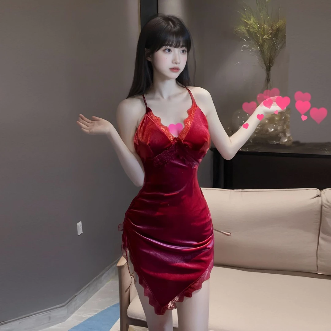 纯欲风蜜桃酒红睡衣女法式性感金丝绒蕾丝吊带睡裙网红爆款秋冬季