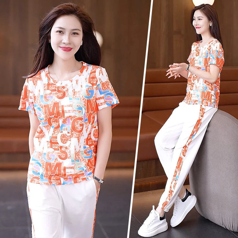 洋气印花休闲运动服女2024夏季新款冰丝镂空设计感短袖长裤跑步服