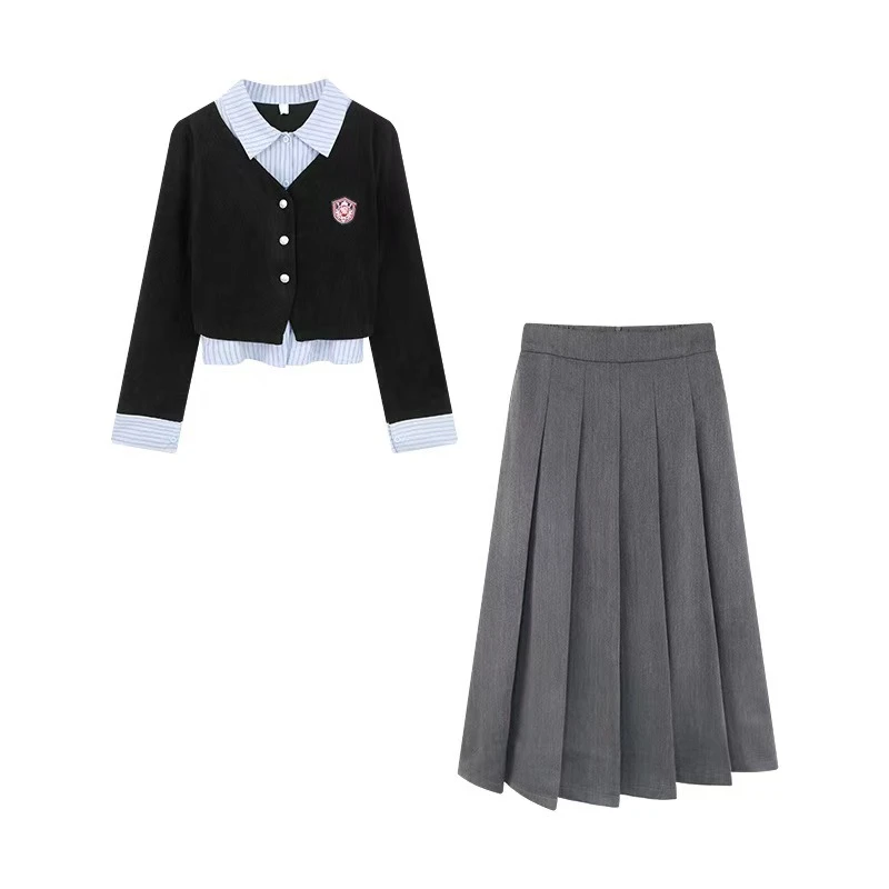 时尚三件套学院百褶裙套装配腰204初秋上新显瘦小个子带淑女款