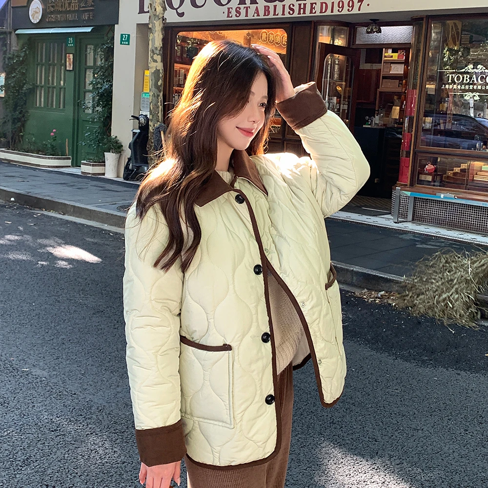 小香风轻薄棉服女短款小个子撞色灯芯绒翻领菱格棉衣外套826