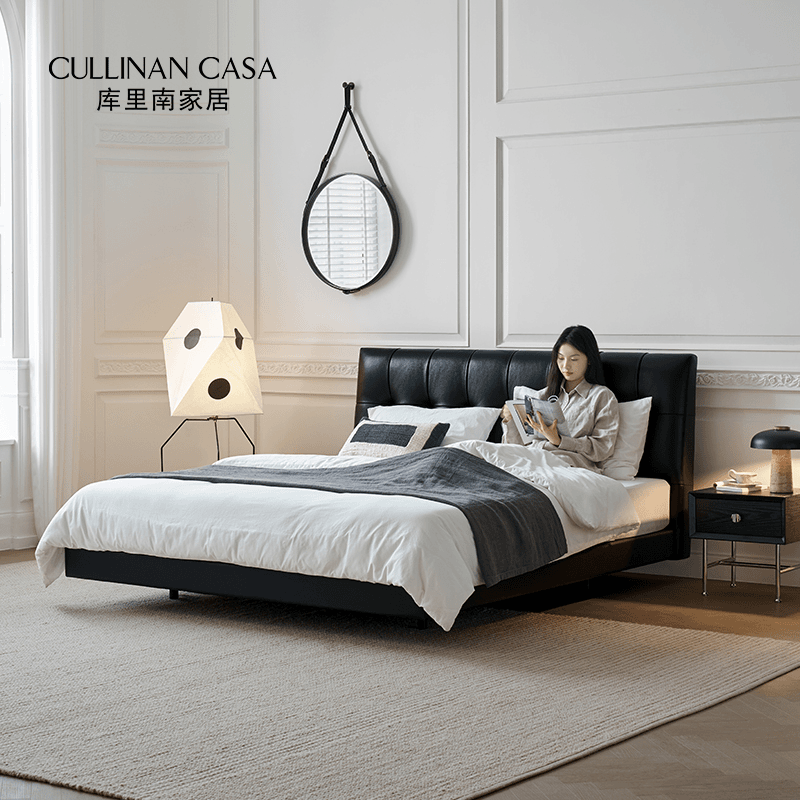 库里南家居 黑色方格真皮床中古风1.8悬浮床复古风主卧齐边双人床