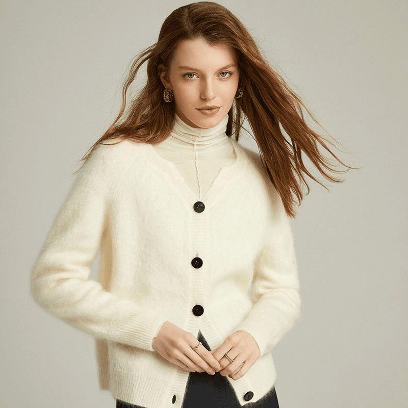 di kangra/德凯佳100纯山羊绒拉毛圆领长袖针织开衫外套