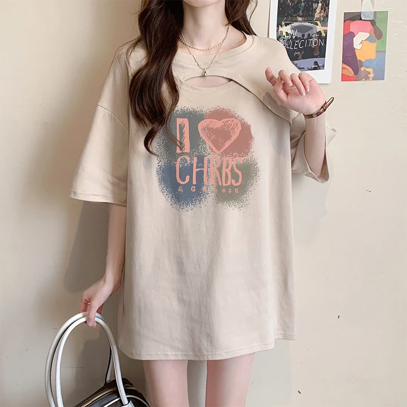 夏季2024新款纯棉圆领短袖T恤女宽松显瘦镂空设计感小众半袖上衣