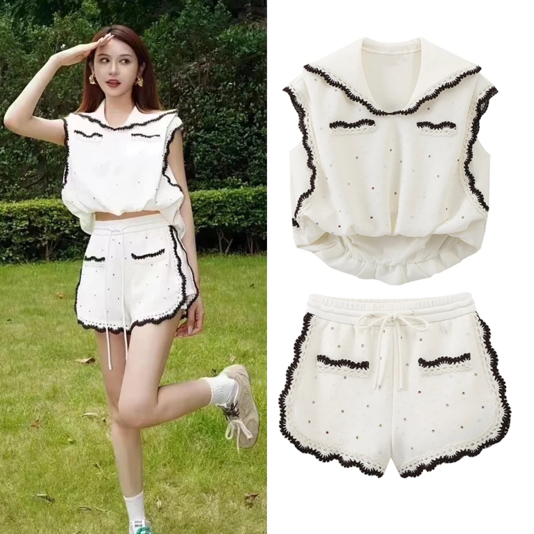 【M059】夏季新款时尚撞色花边重工彩钻装饰设计无袖上衣短裤套装