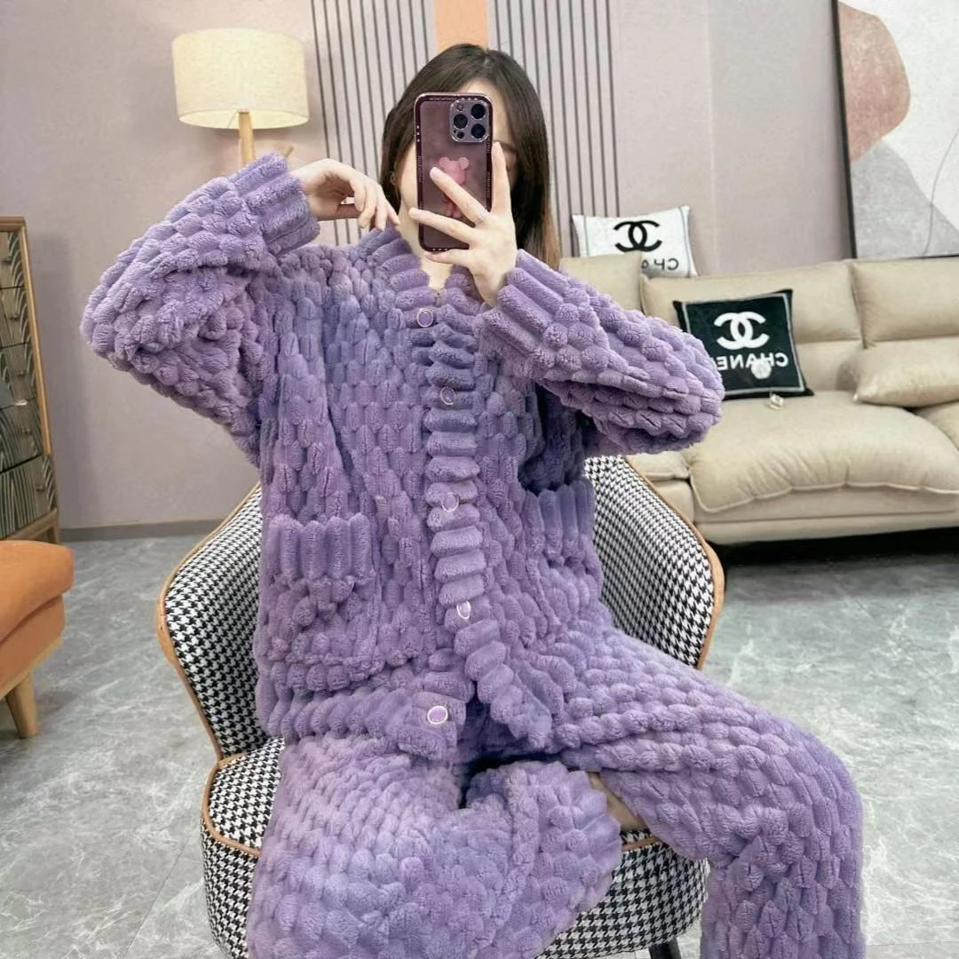 【码头车王】冬季v领睡衣女士时尚气质长袖宽松加厚家居服套装紫色