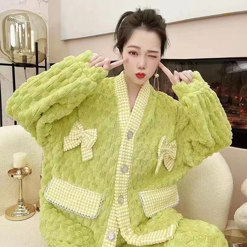 年终大促 珊瑚绒新款加厚蝴蝶结小香风甜美家居服套装睡衣秋冬