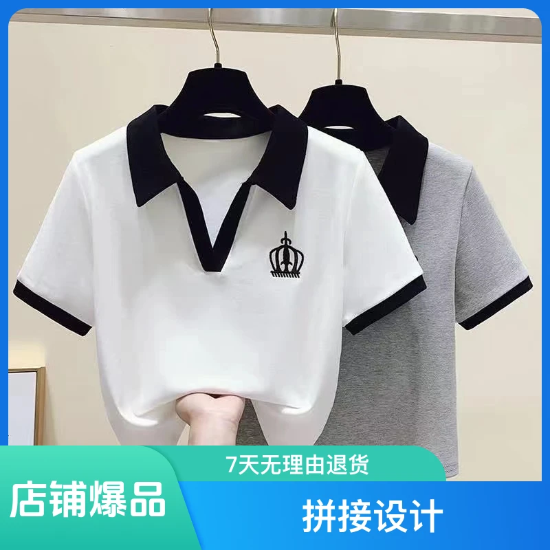 纯棉拼接撞色短袖t恤女夏季新款设计感小众polo衫休闲显瘦上衣女