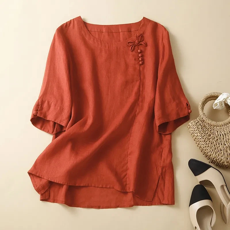 【当天发+退货包邮】棉麻宽松气质短袖上衣高级时尚圆领T恤女116